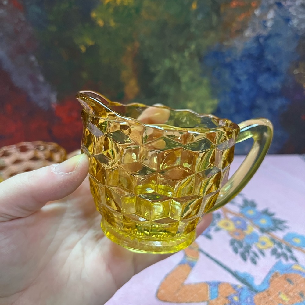 VTG Yellow Amber Depression Glass Cubist Creamer and Sugar Set - Picture 2 of 8